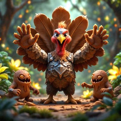 The primary subject of the image is a large, colorful turkey with a menacing expression. The turkey is surrounded by a forest setting, with trees and flowers visible in the background. The visual style of the image is a combination of photo and digital art, creating a unique and eye-catching scene. The dominant colors in the image are orange, red, and yellow, giving the turkey a vibrant and lively appearance. The overall atmosphere of the image is playful and whimsical, with the turkey seemingly interacting with the smaller creatures in the forest.